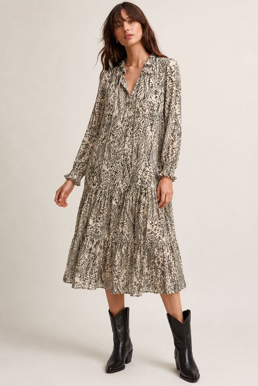 Anthropologie OPT Paisley Tiered Prairie Dress Boho Ruffle Midi Small